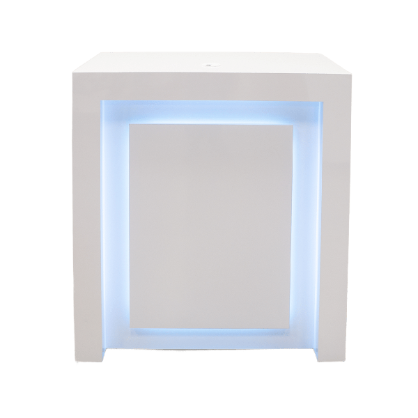 40-inch New York Retail Custom Reception Desk in white gloss laminate desk, and color changing LED.