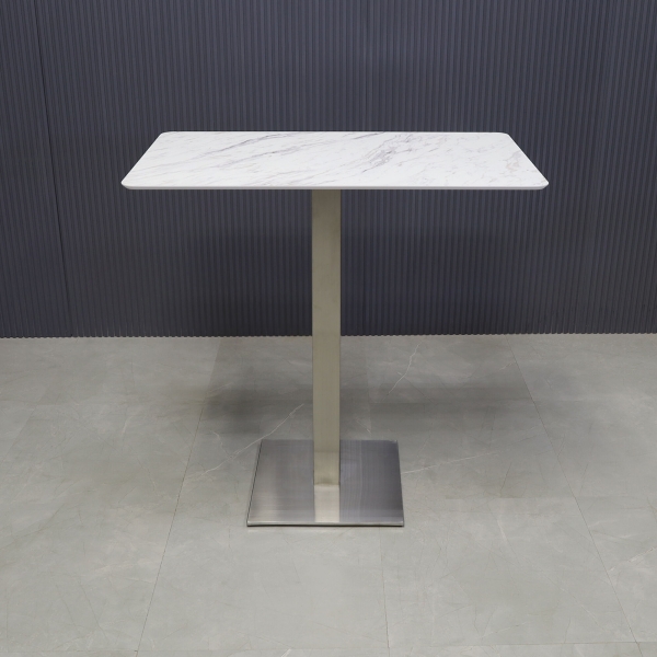41-inch California Rectangular Bar Table in 1/2-inch calcutta blanc engineered surface top and brushed stainless steel base.