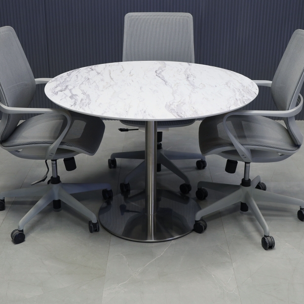 42-inch California Round Conference Table with 1/2-inch calcutta blanc engineered surface top and silver stainless steel base.
