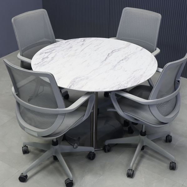 42-inch California Round Conference Table with 1/2-inch calcutta blanc engineered surface top and silver stainless steel base.