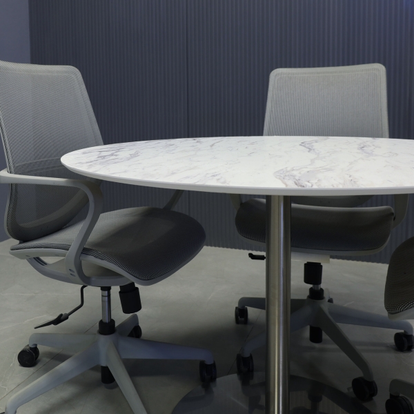 42-inch California Round Conference Table with 1/2-inch calcutta blanc engineered surface top and silver stainless steel base.