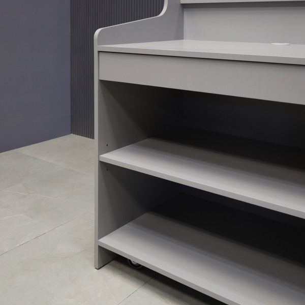 42-inch New Jersey Podium & Host Reception Desk in fog gray matte laminate main desk and white acrylic front panels.