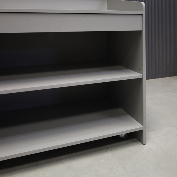 42-inch New Jersey Podium & Host Reception Desk in fog gray matte laminate main desk and white acrylic front panels.