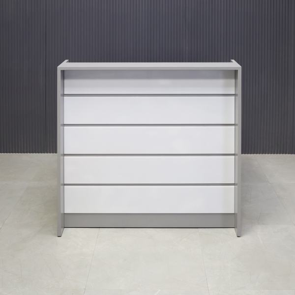 42-inch New Jersey Podium & Host Reception Desk in fog gray matte laminate main desk and white acrylic front panels.