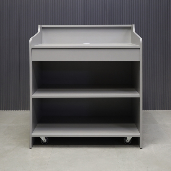 42-inch New Jersey Podium & Host Reception Desk in fog gray matte laminate main desk and white acrylic front panels.