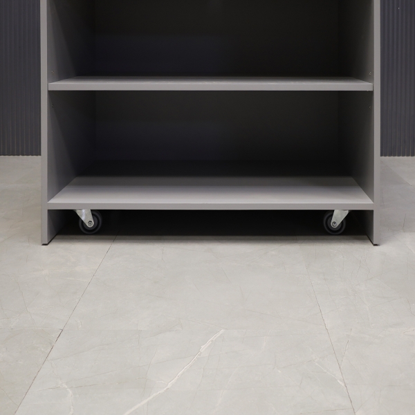 42-inch New Jersey Podium & Host Reception Desk in fog gray matte laminate main desk and white acrylic front panels.