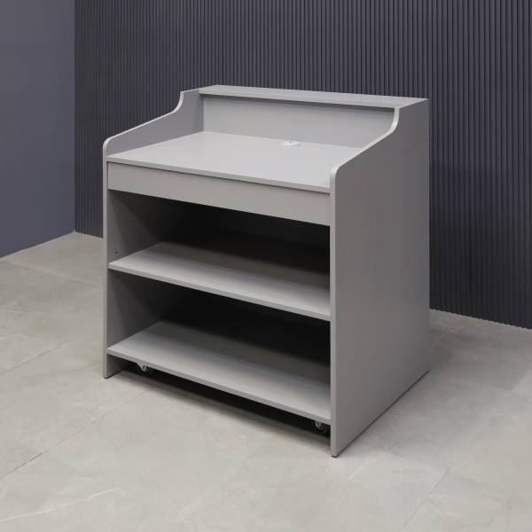 42-inch New Jersey Podium & Host Reception Desk in fog gray matte laminate main desk and white acrylic front panels.