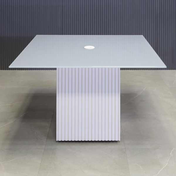 42-inch Omaha Square Conference Table in 1/2-inch light gray tempered glass top and white gloss tambour base, with white MX1 power box.