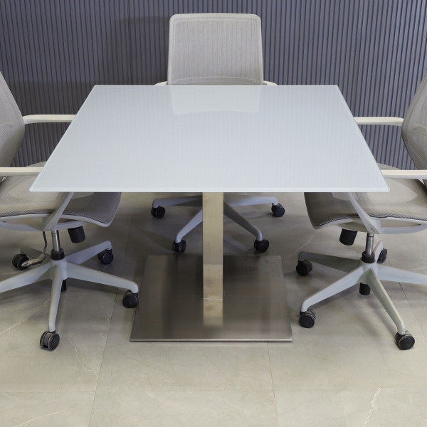 42-inch California Square Conference Table with 1/2-inch Light gray tempered glass top and aluminum stainless steel base.