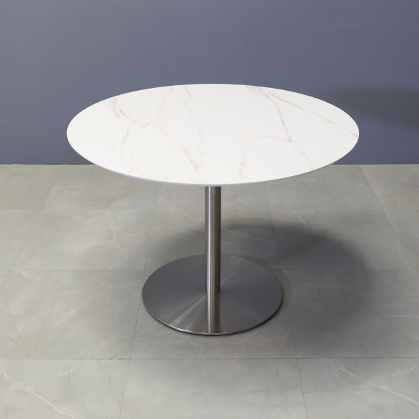 42-inch California Round Conference Table with 1/2-inch solenne marble engineered surface top and silver stainless steel base.