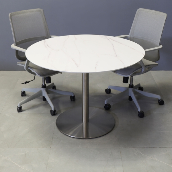 42-inch California Round Conference Table with 1/2-inch solenne marble engineered surface top and silver stainless steel base.