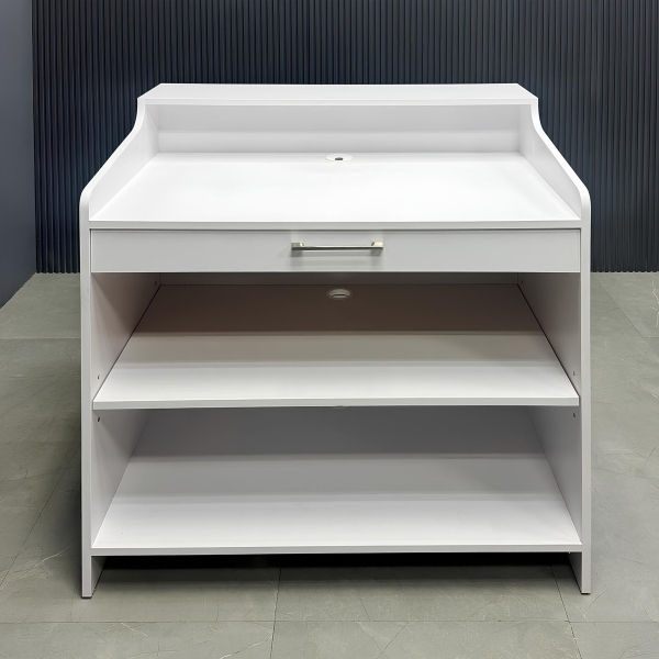 42-inch New Jersey Podium & Host Desk in white matte laminate main desk and white oak front panel, shown here.