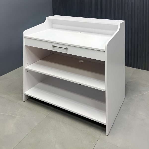 42-inch New Jersey Podium & Host Desk in white matte laminate main desk and white oak front panel, shown here.