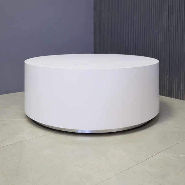 42-inch Norfolk Round Lobby Table in white gloss laminate table finish, and brushed aluminum toe-kick.