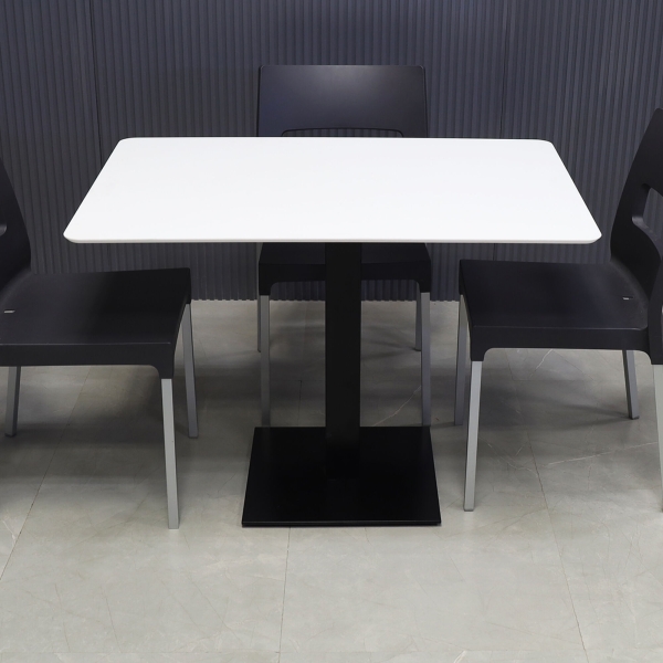 42-inch California Rectangular Conference/Meeting Table in white solid engineered surface top, and black brushed stainless base.