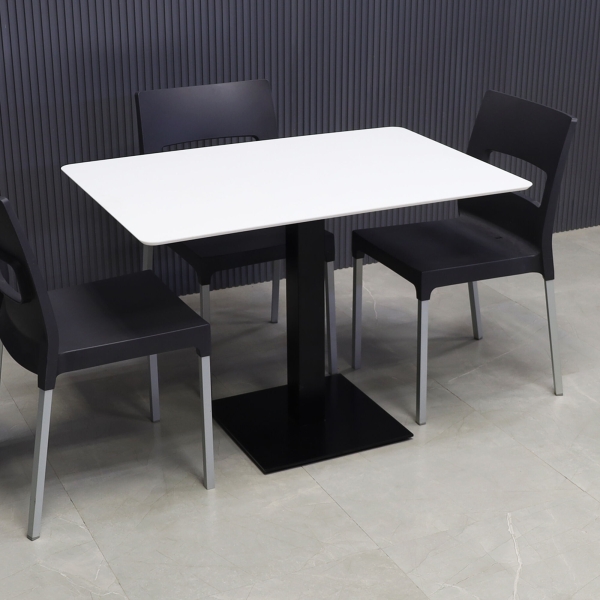 42-inch California Rectangular Conference/Meeting Table in white solid engineered surface top, and black brushed stainless base.