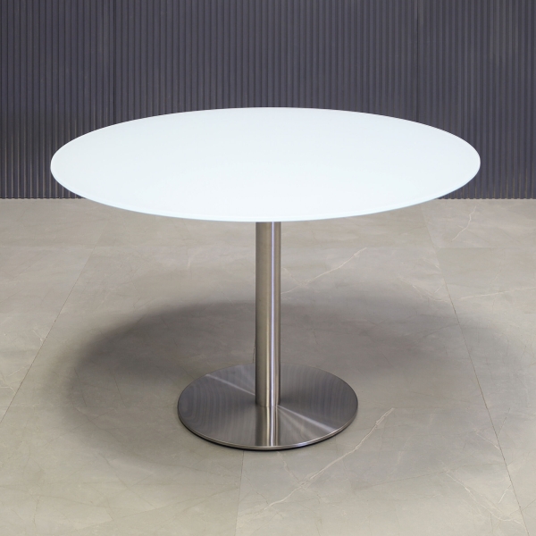 42-inch California Round Conference Table with 1/2-inch white tempered glass top and silver stainless steel base.