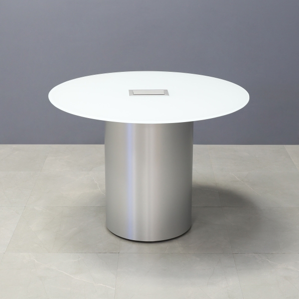 42-inch Omaha Round Conference Table in 1/2-inch white tempered glass top, and brushed aluminum base, with silver MX3 power box.