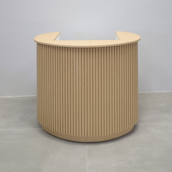 42-inch The Pill Podium & Host Custom Desk in white oak veneer top & toe-kick, white oak tambour main desk, and dover off-white matte laminate workspace.