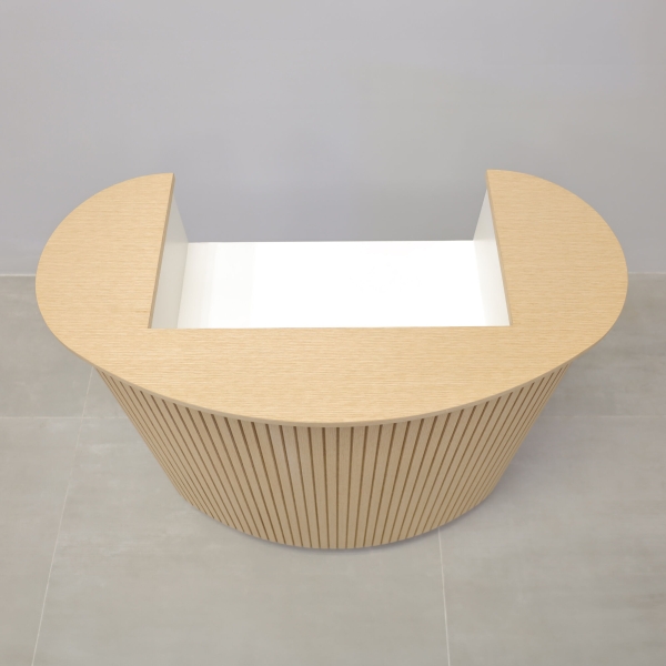 42-inch The Pill Podium & Host Custom Desk in white oak veneer top & toe-kick, white oak tambour main desk, and dover off-white matte laminate workspace.