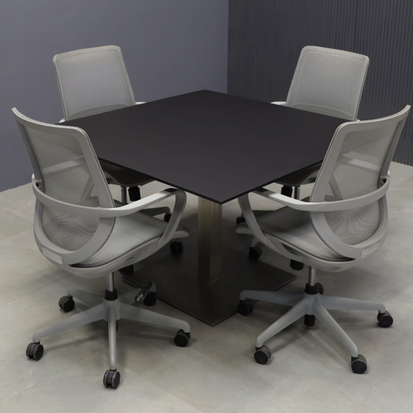46-inch California Square Conference Table with 1/2-inch Black traceless engineered surface top and silver stainless steel base.
