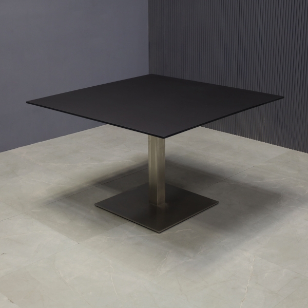 46-inch California Square Conference Table with 1/2-inch Black traceless engineered surface top and silver stainless steel base.