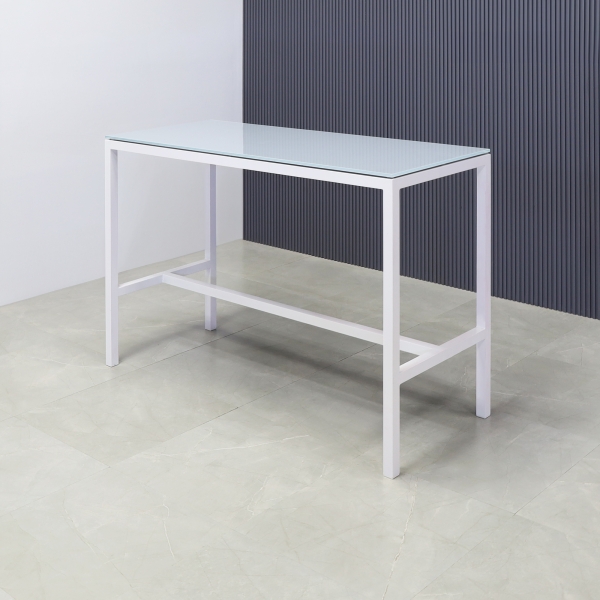 Aspen Tempered Glass Bar Table in baby blue top and white aluminum frame shown here.