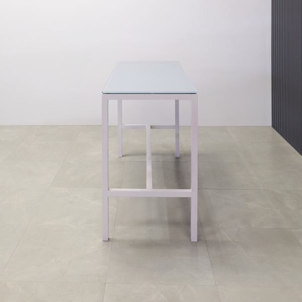 Aspen Tempered Glass Bar Table in baby blue top and white aluminum frame shown here.