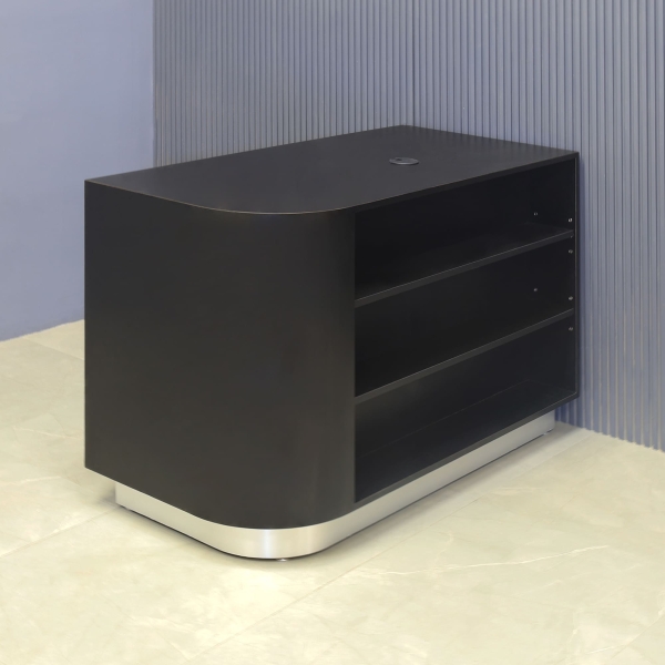 48-inch Nola Retail Custom Reception Desk in black matte laminate main desk with 2 adjustable shelves, and brushed aluminum toe-kick.