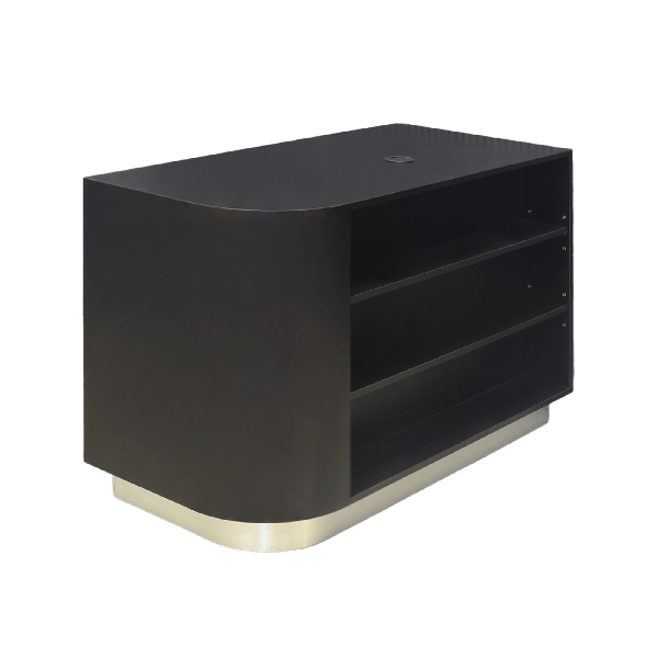 48-inch Nola Retail Custom Reception Desk in black matte laminate main desk with 2 adjustable shelves, and brushed aluminum toe-kick.