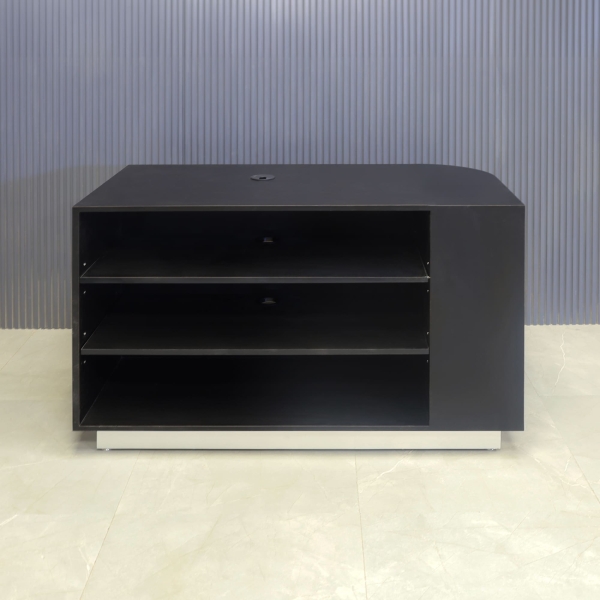 48-inch Nola Retail Custom Reception Desk in black matte laminate main desk with 2 adjustable shelves, and brushed aluminum toe-kick.