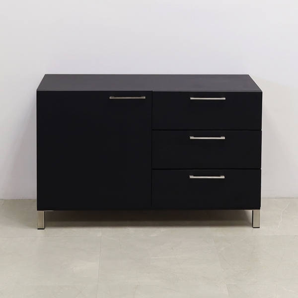 48-inch Naples Custom Storage Credenza in black traceless laminate credenza, and front drawers & doors, with chromed legs.