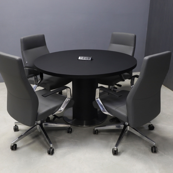 48-inch California X2 Round Conference Table With Laminate Top & pedestal in black traceless laminate, silver stainless steel base, and black power box.