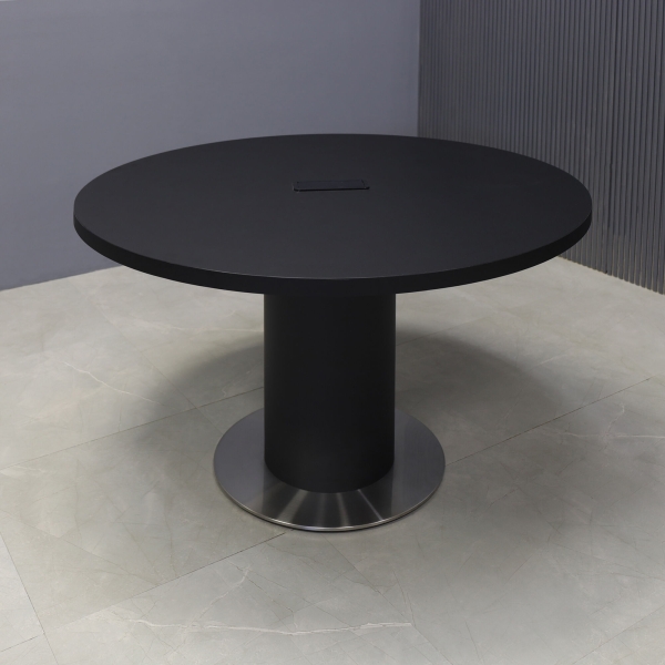 48-inch California X2 Round Conference Table With Laminate Top & pedestal in black traceless laminate, silver stainless steel base, and black power box.