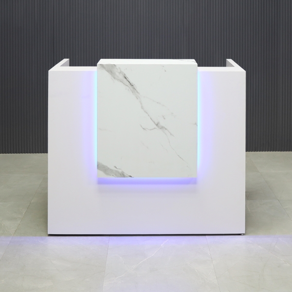 48-inch Chicago Custom Reception Desk in calcutta stone PVC counter and white gloss desk, with color LED, shown here.