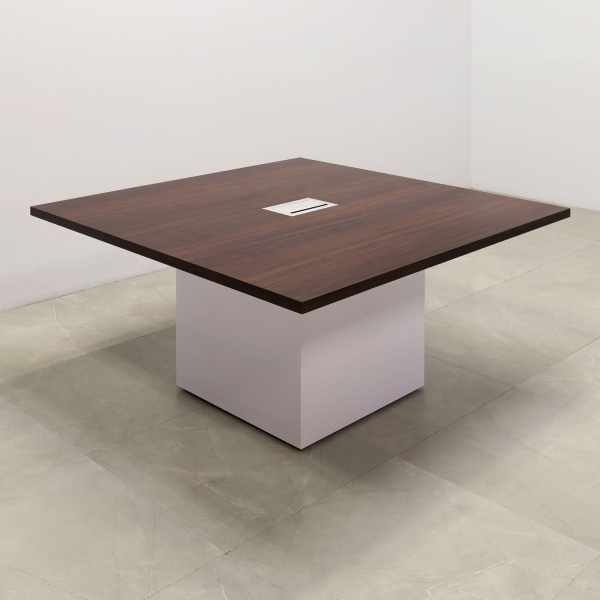 48-inch Newton Square Conference Table With Laminate Top in colombian walnut matte laminate, white gloss laminate base, and silver MX3 power box.