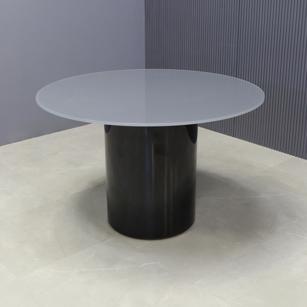 48-inch Omaha Round Conference Table in 1/2-inch dark gray tempered glass top and black gloss laminate base.