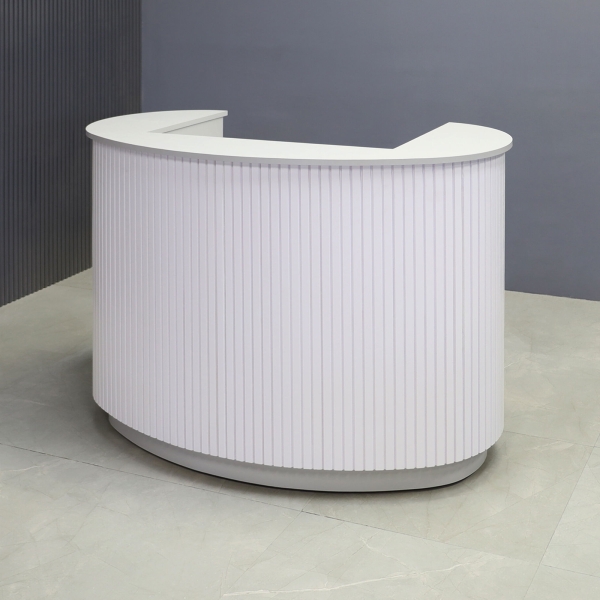 48-inch The Pill Podium & Host Custom Desk in folkstone gray matte laminate top counter, workspace & toe-kick, and white matte tambour main desk.