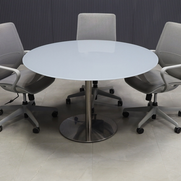 48-inch California Round Conference Table with 1/2-inch light gray tempered glass top and silver stainless steel base.