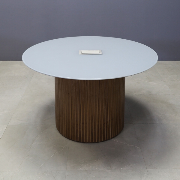 48-inch Omaha Round Conference Table in 1/2-inch in light gray tempered glass top with silver MX3 power box, and walnut veneer tambour base.