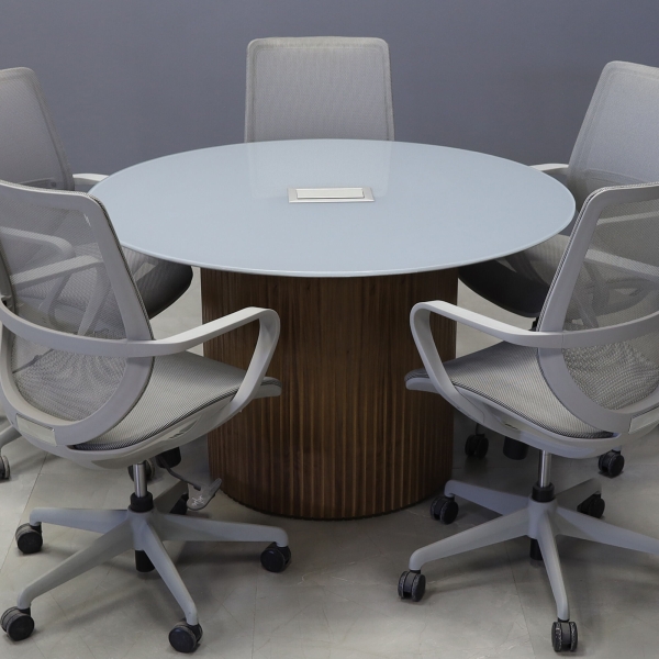 48-inch Omaha Round Conference Table in 1/2-inch light gray tempered glass top, and walnut tambour base, with silver MX3 power box.