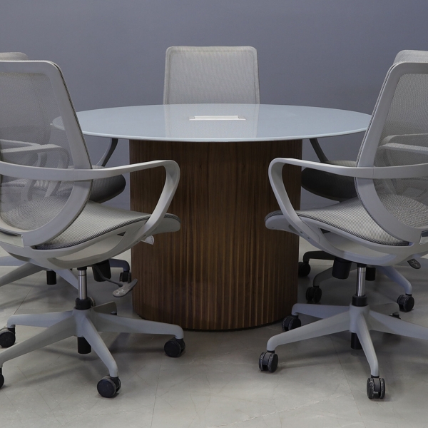 48-inch Omaha Round Conference Table in 1/2-inch in light gray tempered glass top with silver MX3 power box, and walnut veneer tambour base.