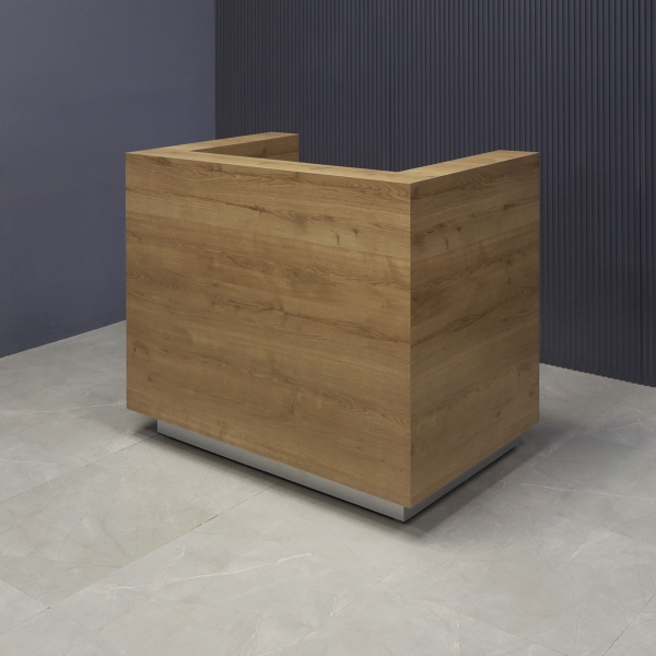 48-inch Dallas U-Shape Reception Desk in planked urban oak matte laminate main desk, and brushed aluminum toe-kick.