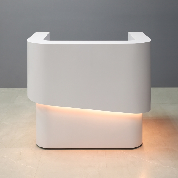 48-inch Nola Curved Custom Reception Desk in white gloss laminate counter & bottom, and warm white LED.