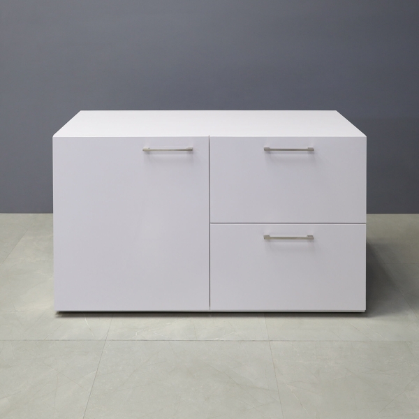 48-inch Naples Custom Storage Credenza in white gloss laminate credenza, and front drawers & door.