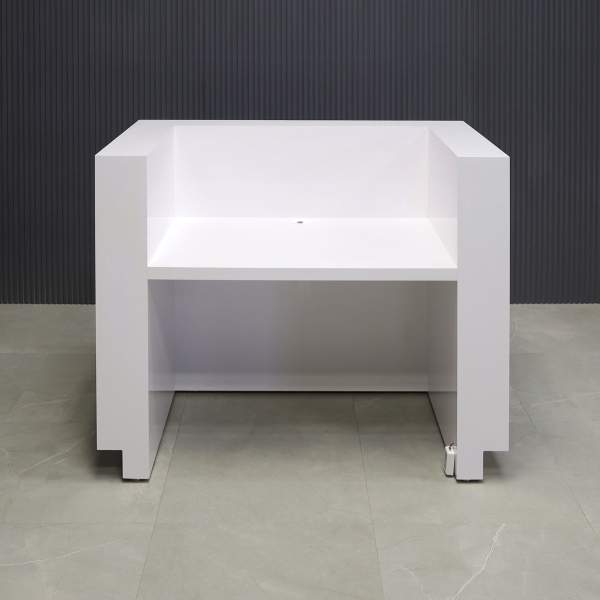 48-inch Dallas U-Shape Reception Desk in white gloss laminate desk and brushed aluminum toe-kick, with color changing LED.