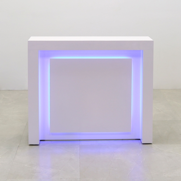 48-inch New York Straight Reception Desk in white gloss laminate main desk, front panel, and accent recessed, with color changing LED.