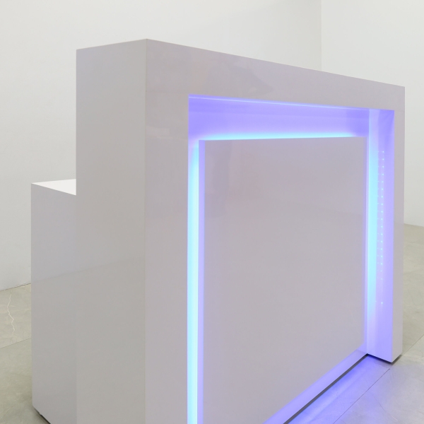 48-inch New York Straight Reception Desk in white gloss laminate main desk, front panel, and accent recessed, with color changing LED.