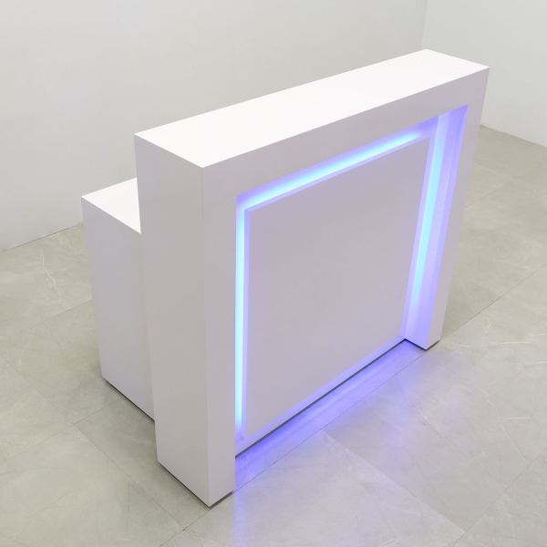 48-inch New York Straight Reception Desk in white gloss laminate main desk, front panel, and accent recessed, with color changing LED.