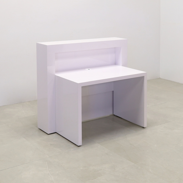 48-inch New York Straight Reception Desk in white gloss laminate main desk, front panel, and accent recessed, with color changing LED.